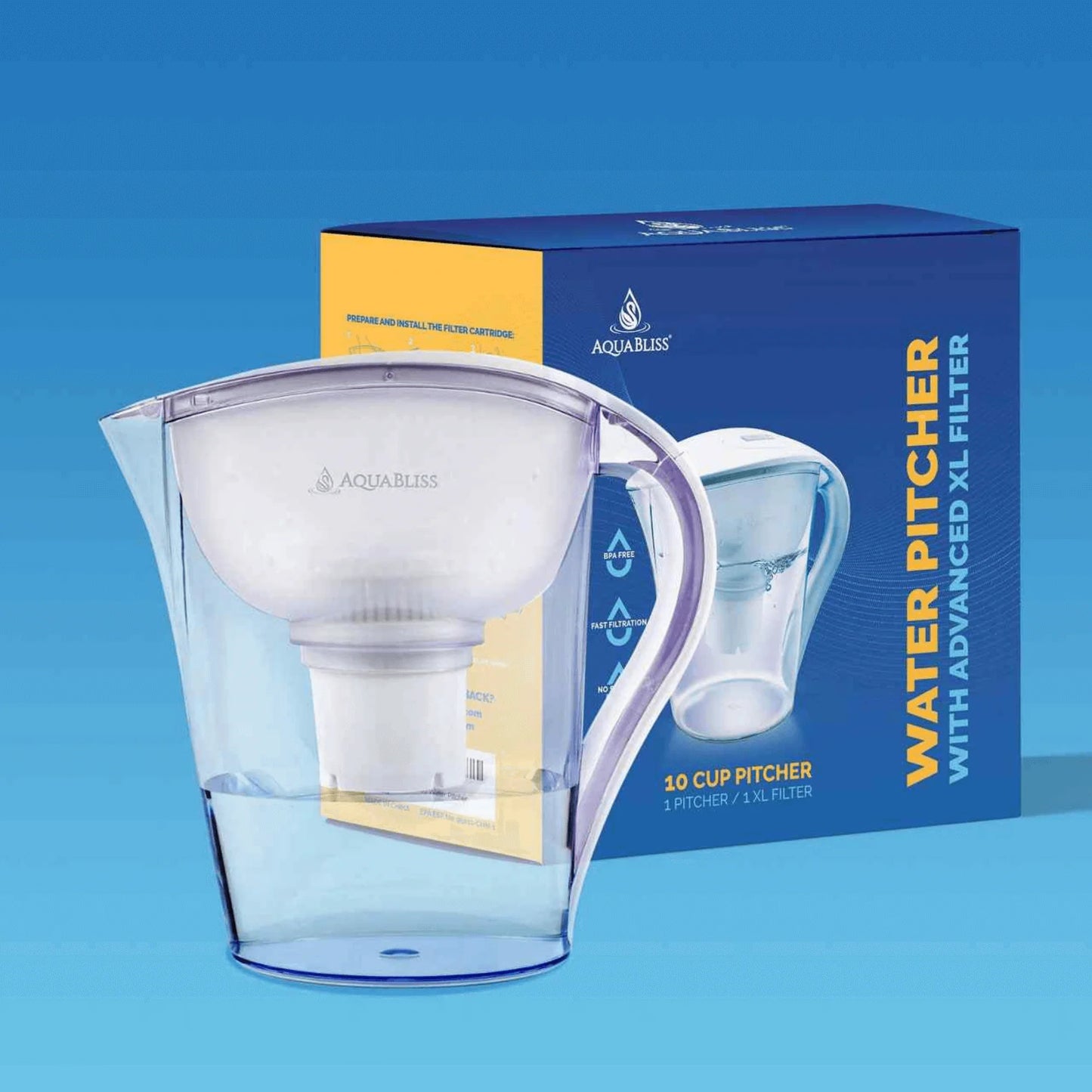 Aquabliss 10-Cup Water Filter Pitcher – Large Capacity, 3 XL Filters Included