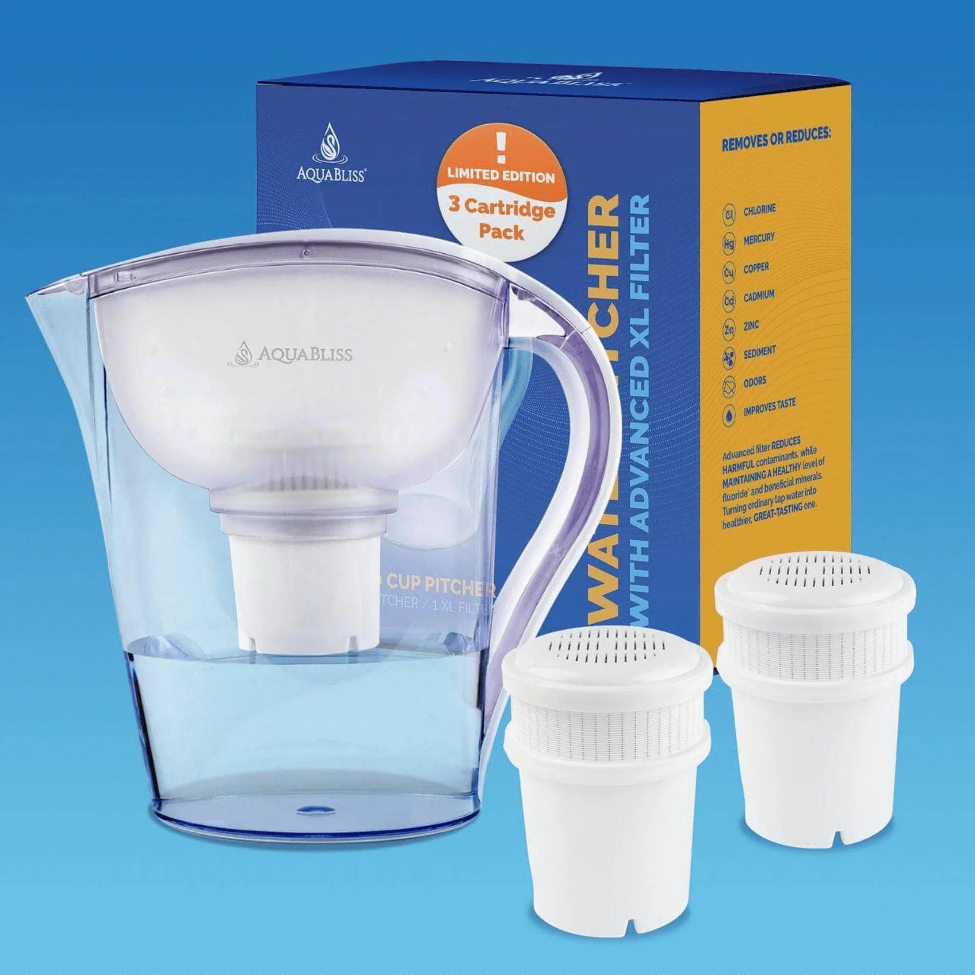 Aquabliss 10-Cup Water Filter Pitcher – Large Capacity, 3 XL Filters Included 
